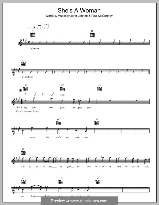 She's a Woman (The Beatles): Melody line, lyrics and chords by John Lennon, Paul McCartney
