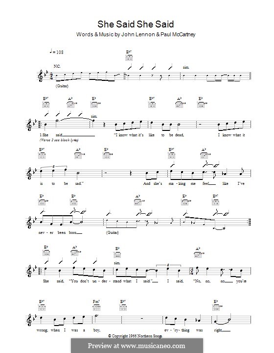 She Said She Said (The Beatles): Melody line, lyrics and chords by John Lennon, Paul McCartney