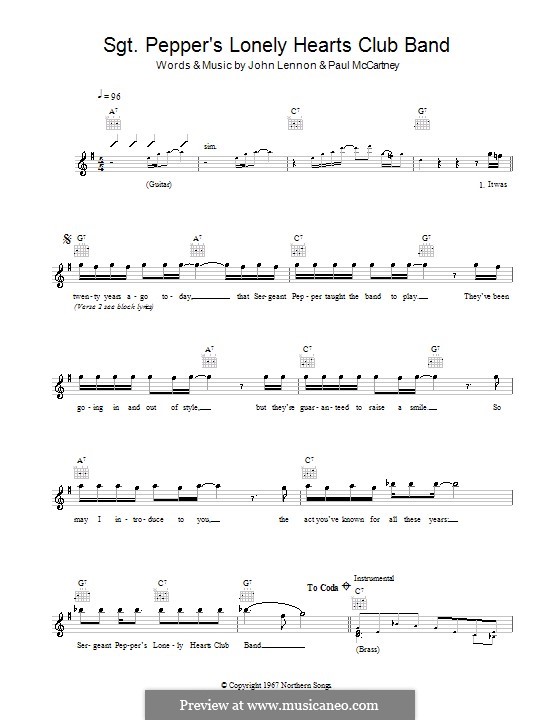 Sgt. Pepper's Lonely Hearts Club Band (The Beatles): Melody line, lyrics and chords by John Lennon, Paul McCartney