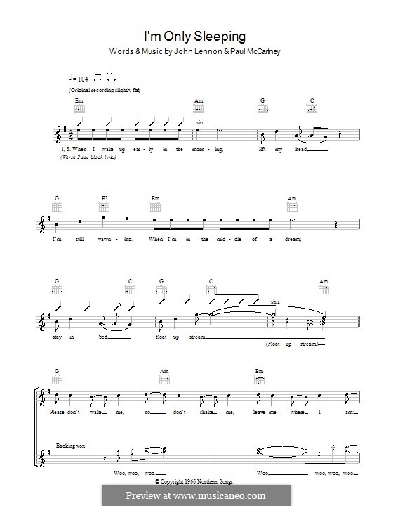 I'm Only Sleeping (The Beatles): Melody line, lyrics and chords by John Lennon, Paul McCartney