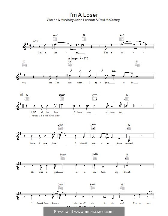 I'm a Loser (The Beatles): Melody line, lyrics and chords by John Lennon, Paul McCartney