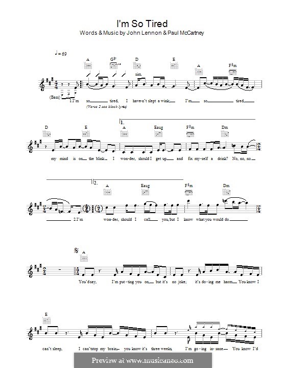 I'm So Tired (The Beatles): Melody line, lyrics and chords by John Lennon, Paul McCartney