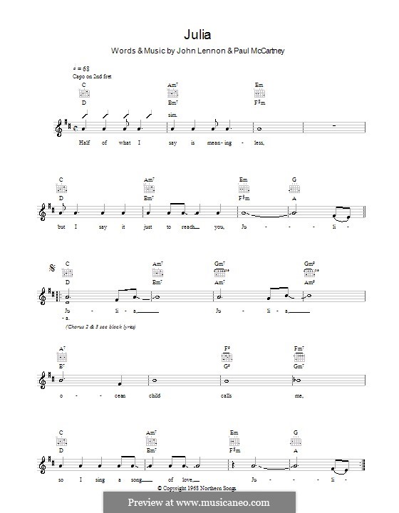 Julia (The Beatles): Melody line, lyrics and chords by John Lennon, Paul McCartney