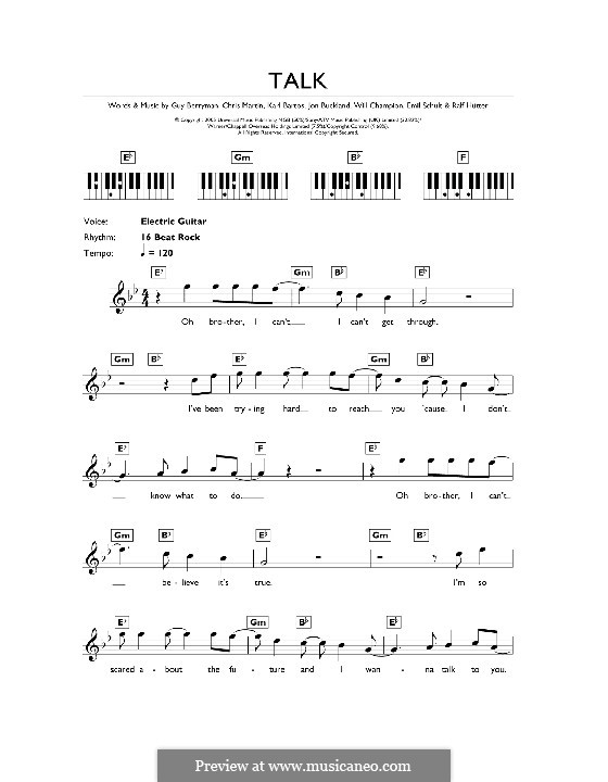 Talk (Coldplay): For keyboard by Chris Martin, Emil Schult, Guy Berryman, Jonny Buckland, Karl Bartos, Ralf Hütter, Will Champion