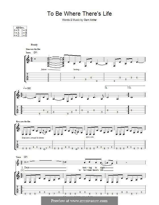 To Be Where There's Life (Oasis): For guitar with tab by Gem Archer