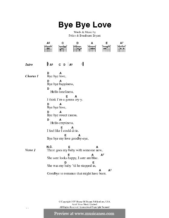 Bye Bye Love (The Everly Brothers): Lyrics and chords by Boudleaux Bryant, Felice Bryant