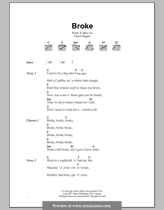 Broke: Lyrics and chords by Chuck Higgins