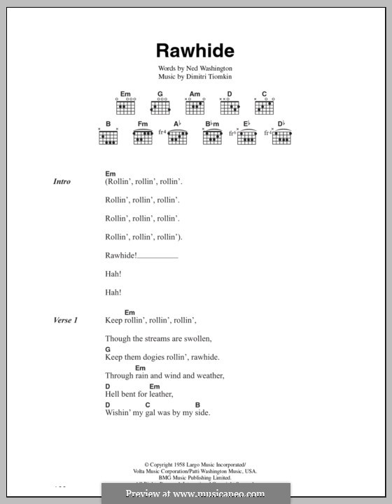 Rawhide (The Blues Brothers): Lyrics and chords by Dimitri Tiomkin