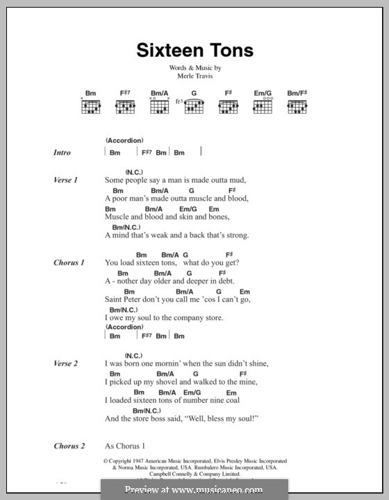 Sixteen Tons (Tennessee Ernie Ford): Lyrics and chords by Merle Travis