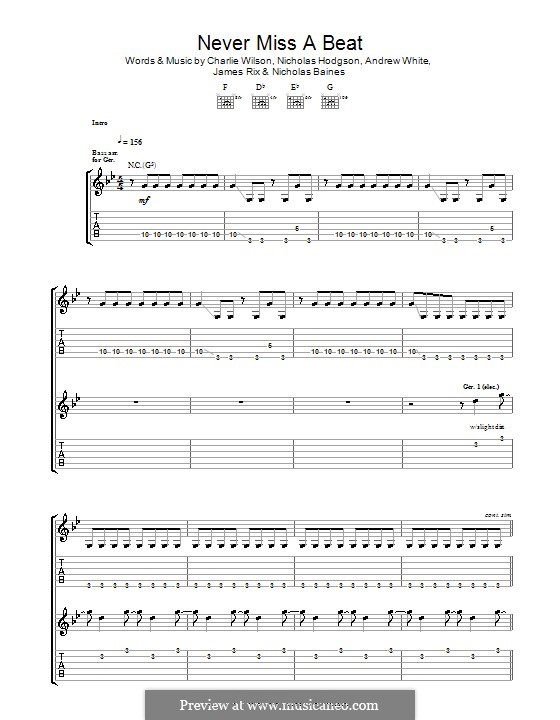 Never Miss a Beat (Kaiser Chiefs): For guitar with tab by Andrew White, James Rix, Nicholas Baines, Nicholas Hodgson, Charles Wilson