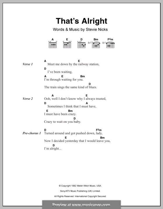 That's Alright (Fleetwood Mac) by S. Nicks sheet music on MusicaNeo