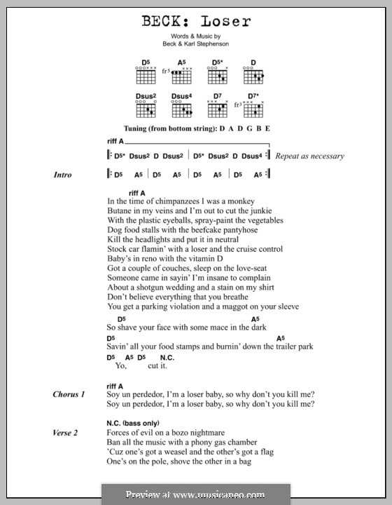 Loser (Beck) by B. Hansen, C. Stephenson - sheet music on MusicaNeo