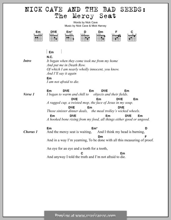 The Mercy Seat: Lyrics and chords by Mick Harvey, Nick Cave