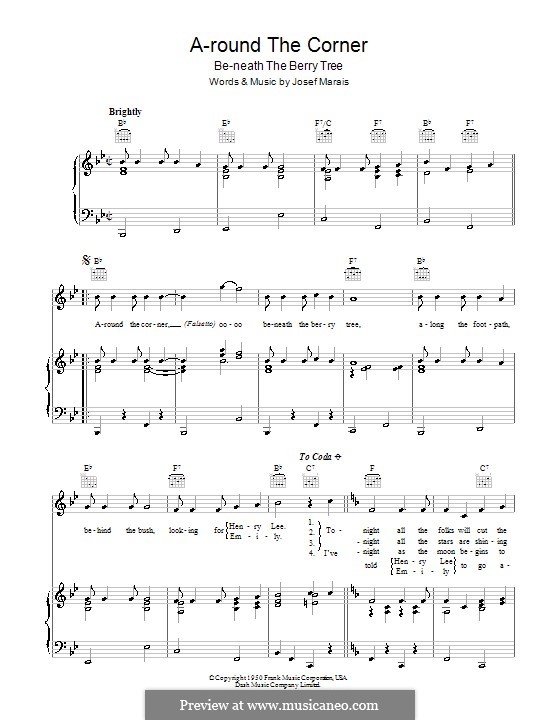 A-round the Corner (Be-neath the Berry Tree): For voice and piano (or guitar) by Josef Marais