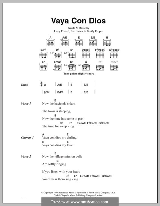 Vaya Con Dios (Les Paul & Mary Ford): Lyrics and chords by Buddy Pepper, Inez James, Larry Russell