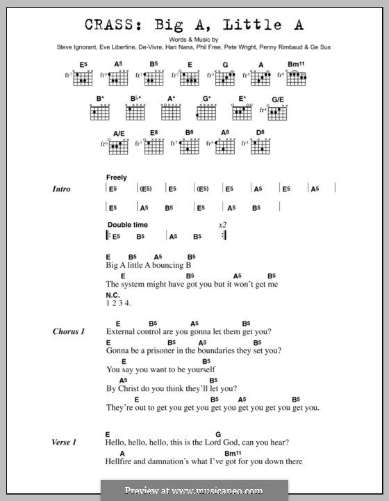 Big a Little a (Crass): Lyrics and chords by Joy De Vivre, Eve Libertine, Ge Sus, Hari Nana, Penny Rimbaud, Peter Wright, Phil Free, Steve Ignorant