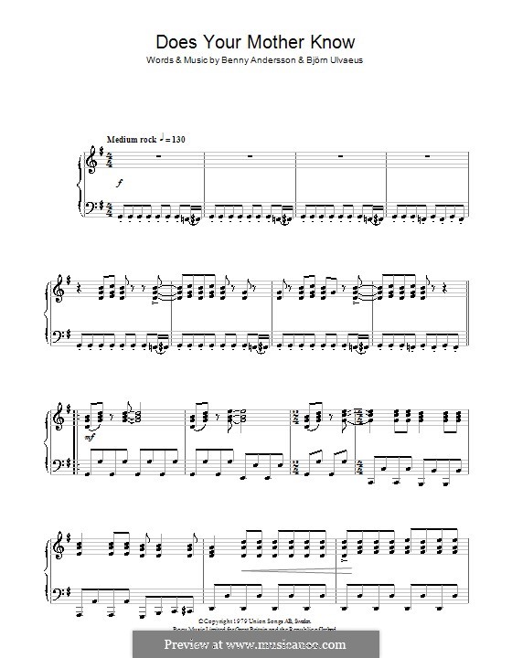 Does Your Mother Know (ABBA): For piano by Benny Andersson, Björn Ulvaeus