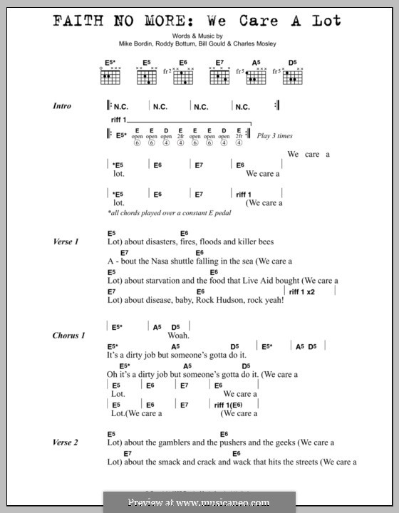 We Care a Lot (Faith No More): Lyrics and chords by Billy Gould, Charles Mosley, Mike Bordin, Roddy Bottum