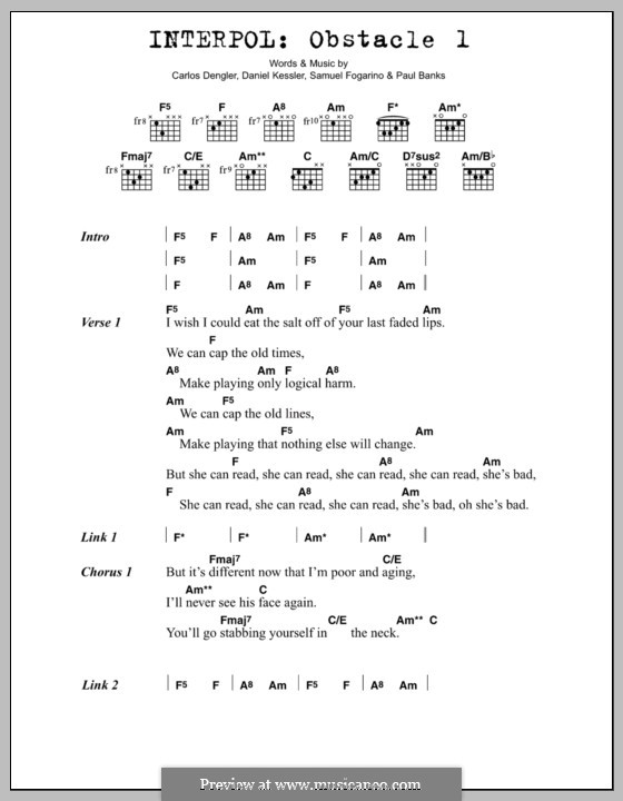 Obstacle 1 (Interpol): Lyrics and chords by Carlos Dengler, Daniel Kessler, Paul Banks, Samuel Fogarino