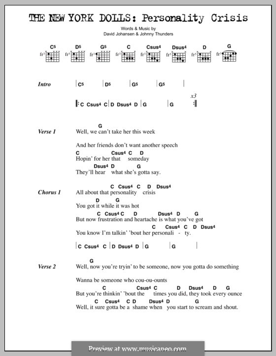 Personality Crisis (The New York Dolls): Lyrics and chords by David Johansen, Johnny Thunders