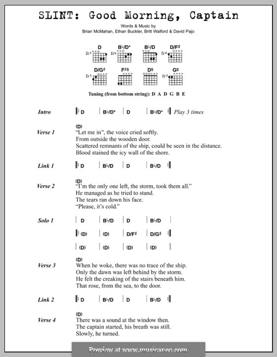 Good Morning, Captain (Slint): Lyrics and chords by Brian McMahan, Britt Walford, David Pajo, Ethan Buckler