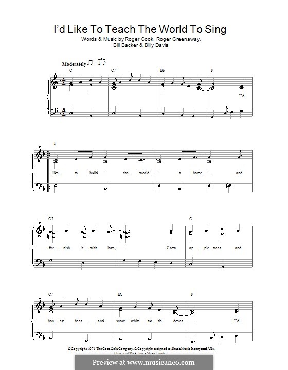 I'd Like to Teach the World to Sing (The New Seekers): For voice and piano by Bill Backer, Billy Davis, Roger Cook, Roger Greenaway