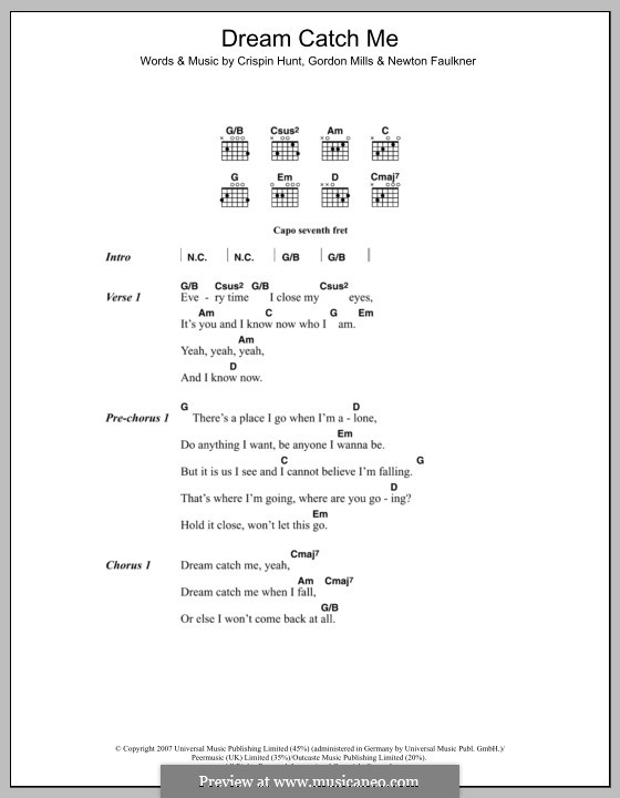 Dream Catch Me: Lyrics and chords by Crispin Hunt, Gordon Mills, Newton Faulkner
