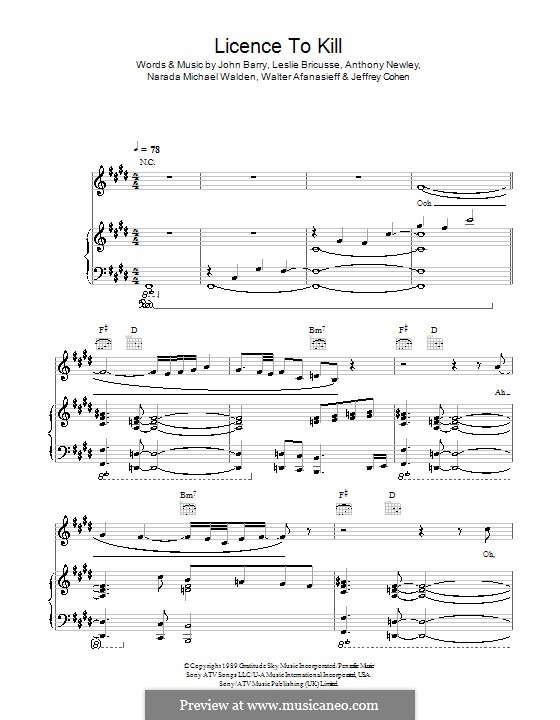 Licence to Kill (Gladys Knight): For voice and piano (or guitar) by Anthony Newley, Jeffrey Cohen, John Barry, Leslie Bricusse, Narada Michael Walden, Walter Afanasieff