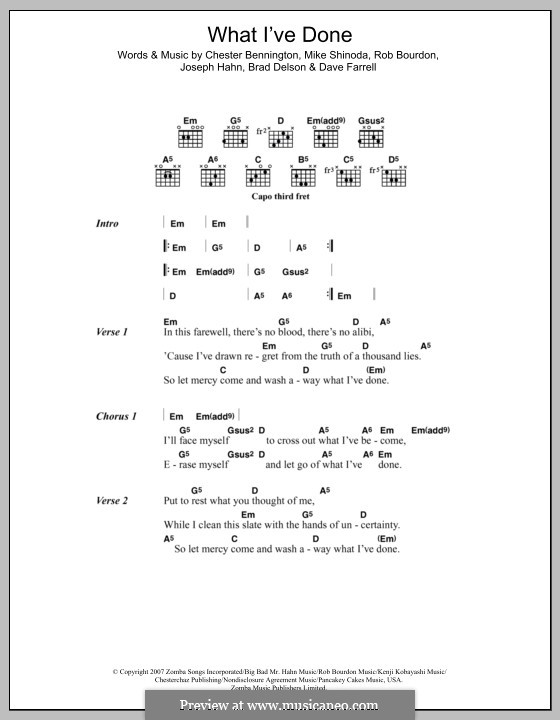 What I've Done (Linkin Park): Lyrics and chords by Brad Delson, Charles Bennington, David Farrell, Joseph Hahn, Mike Shinoda, Rob Bourdon