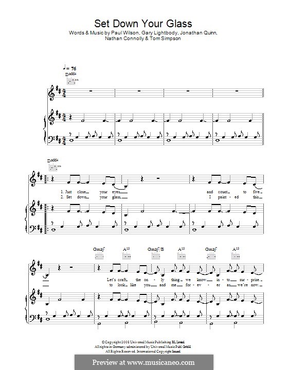 Set Down Your Glass (Snow Patrol): For voice and piano (or guitar) by Gary Lightbody, Jonathan Quinn, Nathan Connolly, Paul Wilson, Tom Simpson