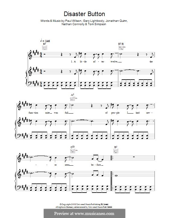 Disaster Button (Snow Patrol): For voice and piano (or guitar) by Gary Lightbody, Jonathan Quinn, Nathan Connolly, Paul Wilson, Tom Simpson