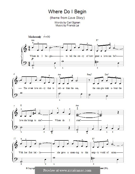 Where Do I Begin (Theme from Love Story): For easy piano by Francis Lai
