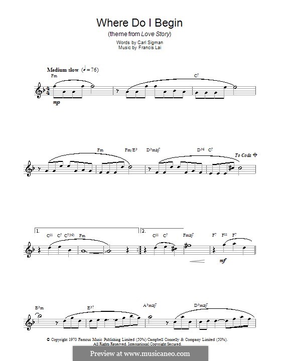 Where Do I Begin (Theme from Love Story): For saxophone by Francis Lai