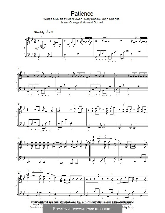 Patience (Take That): For piano by Gary Barlow, Howard Donald, Jason Orange, John M Shanks, Mark Owen