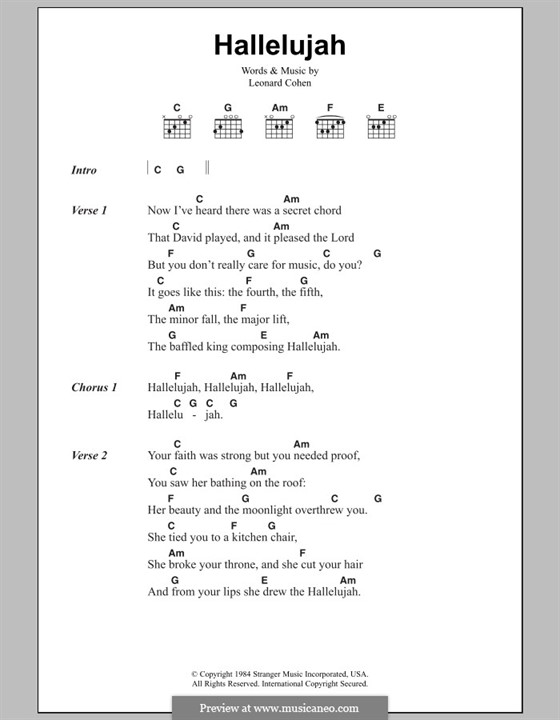 Hallelujah By L Cohen Sheet Music On Musicaneo