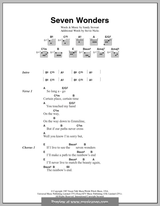 Seven Wonders (Fleetwood Mac): Lyrics and chords by Sandy Stewart