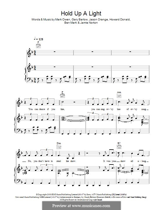 Hold Up a Light (Take That): For voice and piano (or guitar) by Ben Mark, Gary Barlow, Howard Donald, Jamie Norton, Jason Orange, Mark Owen