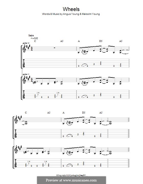 Wheels (AC/DC): For guitar with tab by Angus Young, Malcolm Young
