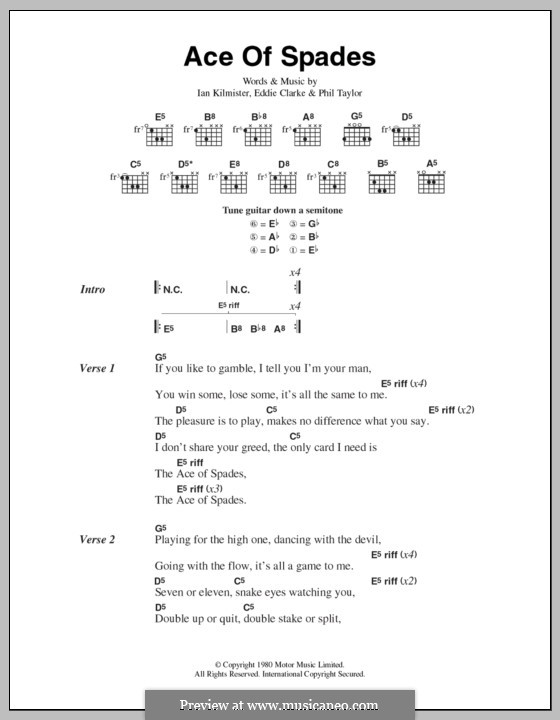 Ace of Spades (Motorhead): Lyrics and chords by Edward Clarke, Ian Kilmister, Philip Taylor