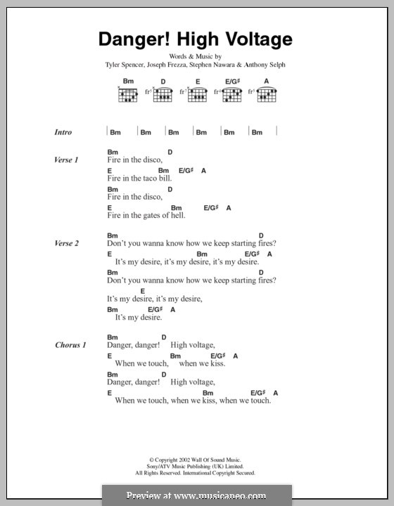 Danger! High Voltage (Electric Six): Lyrics and chords by Anthony Selph, Joseph Frezza, Stephen Nawara, Tyler Spencer