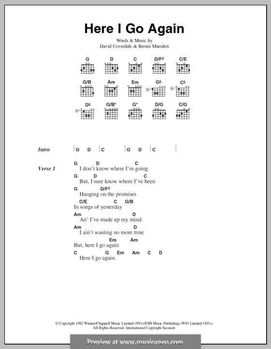 Here I Go Again (Whitesnake): Lyrics and chords by Bernie Marsden, David Coverdale