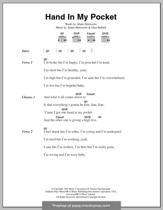 Hand In My Pocket (from Jagged Little Pill The Musical): Lyrics and chords by Alanis Morissette, Glen Ballard