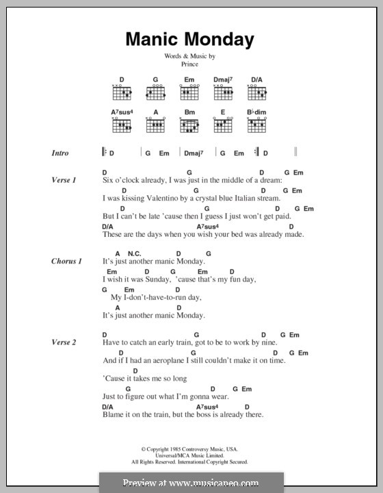 Manic Monday (The Bangles): Lyrics and chords by Prince