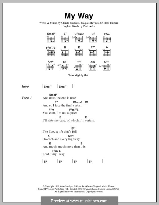 My Way: Lyrics and chords (The Sex Pistols) by Claude Francois, Jacques Revaux