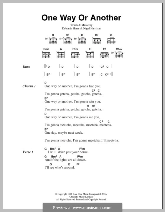 One Way or Another (Blondie): Lyrics and chords by Deborah Harry, Nigel Harrison