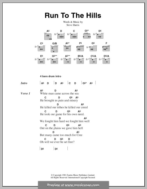 Run to the Hills (Iron Maiden): Lyrics and chords by Steve Harris