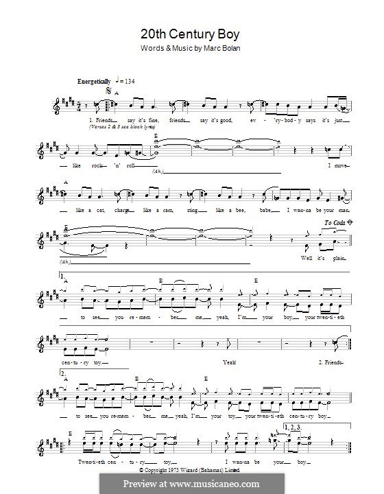20th Century Boy (T Rex): Melody line, lyrics and chords by Marc Bolan