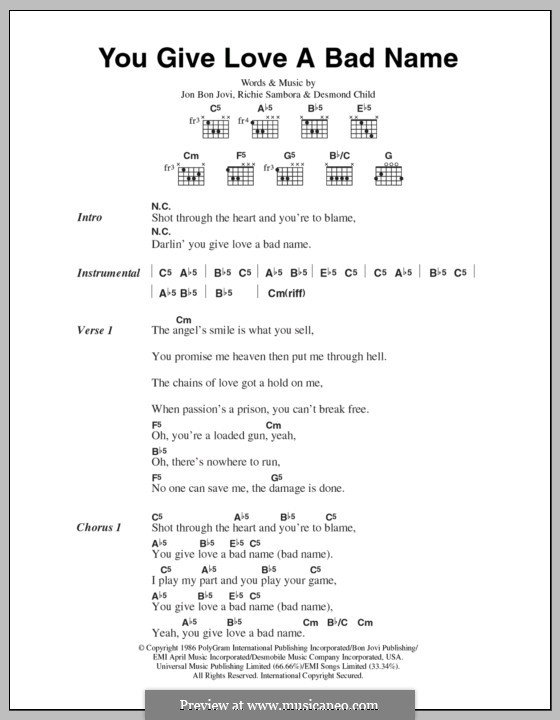 You Give Love a Bad Name (Bon Jovi): Lyrics and chords by Desmond Child, Jon Bon Jovi, Richie Sambora