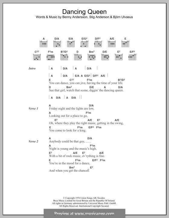 Vocal version: Lyrics and chords by Benny Andersson, Björn Ulvaeus, Stig Anderson