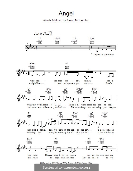 Angel: Melody line, lyrics and chords by Sarah McLachlan